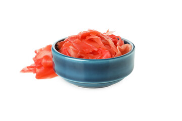 Bowl with red pickled ginger isolated on white background