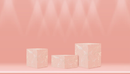 Minimal Podium display with Cubes Box Marble Stand on empty wall with spotlight in peach colour,Vector 3D Empty Pink showcase in Studio with light and shadow for Product Presentation,Cosmetic or Sale