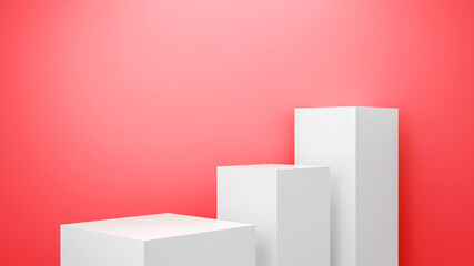 Abstract background for trade show presentation, white polygonal color plinth on pink and red wall, 3d rendering.