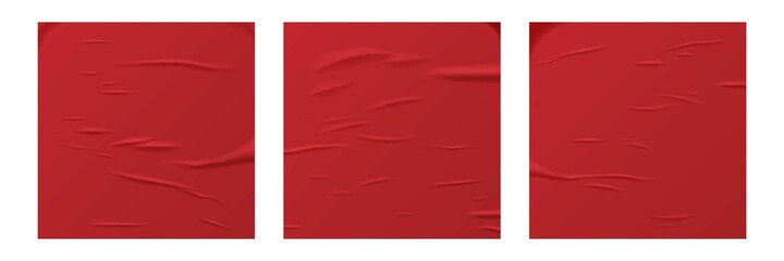 Glued red square paper sheets set. Vector isolated realistic crumpled posters bundle. Wet greased wrinkles blank template texture. Empty advertising column mockup for creative design