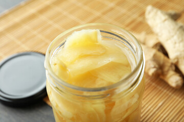 Jar of pickled ginger slices, close up