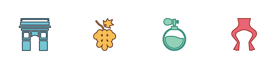 Set Triumphal Arch, Grape fruit, Perfume and Frog legs icon. Vector