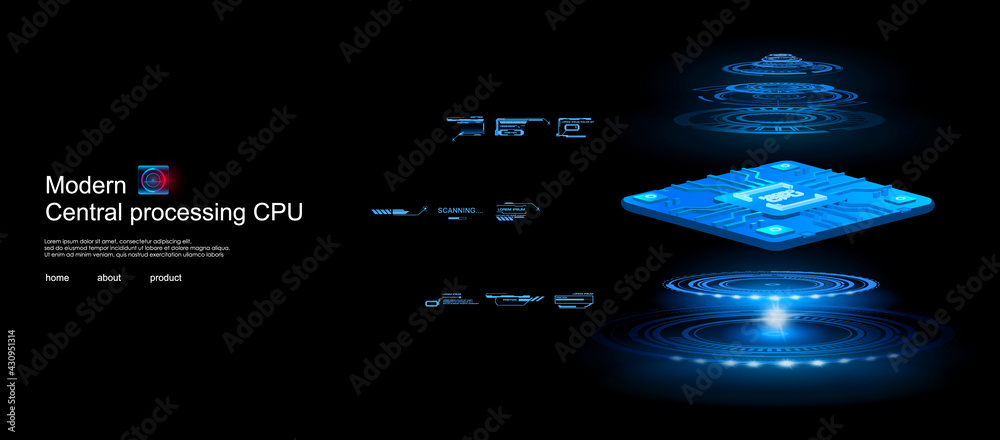 Fototapete Powerful processor for processing large amounts of information. Electronic microprocessor for computer or telephone. Digital technologies of computer technology. Concept banner