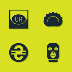 Set Flag of Ukraine, Thief mask, Ukrainian hryvnia and Dumplings icon. Vector