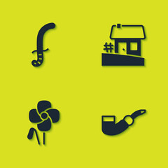 Set Medieval sword, Smoking pipe, Poppy flower and Ukrainian house icon. Vector