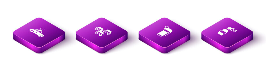 Set Isometric Police car and flasher, Traffic jam, Hand grenade and Air horn icon. Vector