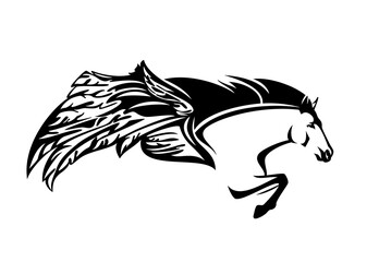 pegasus winged horse head and front legs - mythical animal flying forward black and white vector design