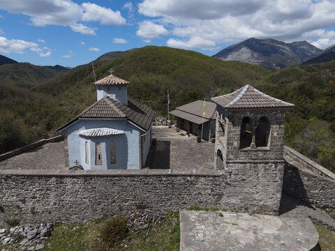 Aerial view of agios athanasios ancient monastery of vavouri village near tsamanta in filiates, thesprotia, epirus, greece
