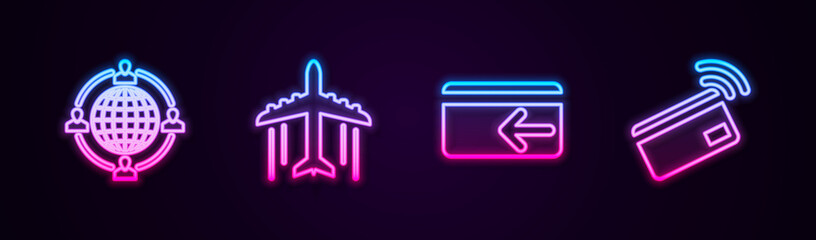 Set line Outsourcing concept, Plane, Cash back and Contactless payment. Glowing neon icon. Vector