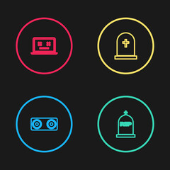 Set line Stereo speaker, Tombstone with RIP written, cross and Dead laptop icon. Vector