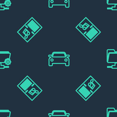 Set line Car, Music book with note and FTP settings folder on seamless pattern. Vector