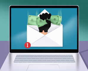 Hand clutching money in email on computer screen