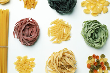 Different uncooked color pasta on white background