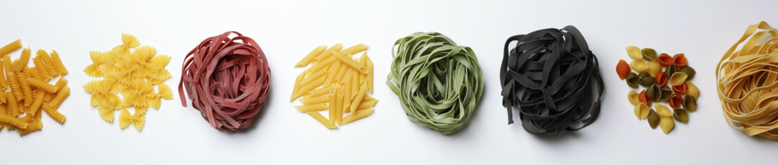 Different uncooked color pasta on white background