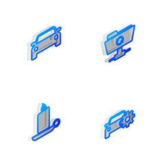 Set Isometric line FTP sync refresh, Car, Burning candle in candlestick and service icon. Vector