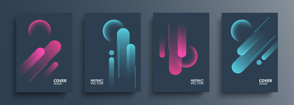 Cover templates set with vibrant dynamic lines and glossy spheres. Futuristic abstract backgrounds for your creative graphic design. Vector illustration.
