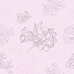Blooming Bouquets of Spring Trees.  Vector Seamless pattern for Print, Pink colors. Textile, wallpaper design. Outlines. Simple colors. Vintage mood.