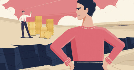 Man with lots of money waving to angry man on other side of divide