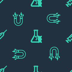 Set line DNA research, search, Magnet with lightning and Syringe on seamless pattern. Vector