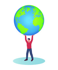 Man lifting huge earth globe vector illustration.