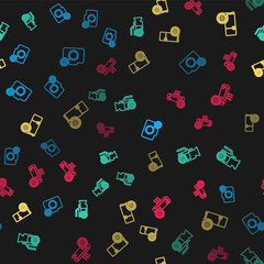 Set line Photo camera setting, Video, Refrigerator and Air conditioner on seamless pattern. Vector