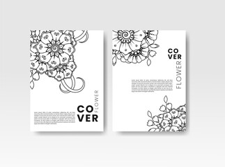 Vintage card with flowers on background. Book cover with flower texture. Black lines on white background. Vector illustration.