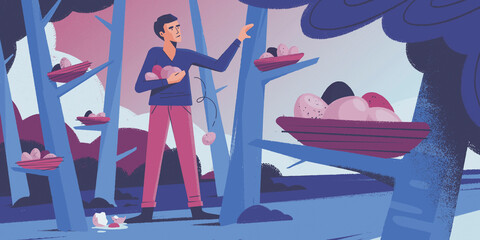 Man carelessly gathering nest eggs