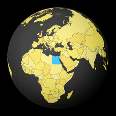 Egypt on dark globe with yellow world map. Country highlighted with blue color. Satellite world projection centered to Egypt. Artistic vector illustration.