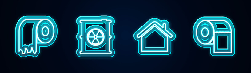 Set line Toilet paper roll, Radioactive waste in barrel, House and . Glowing neon icon. Vector