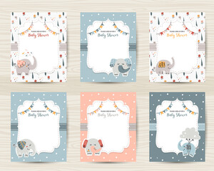 Baby shower invitation templates with cute elephants - obrazy, fototapety, plakaty
