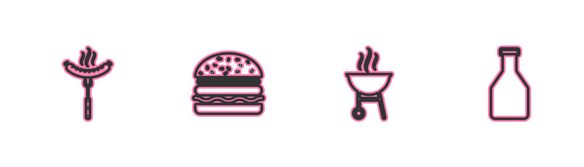 Set line Sausage on the fork, Barbecue grill, Burger and Ketchup bottle icon. Vector