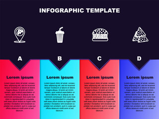 Set line Location with slice pizza, Glass water, Burger and Nachos. Business infographic template. Vector