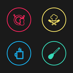 Set line Coffee cup, Kitchen whisk, Chef hat and fork and Washing dishes icon. Vector