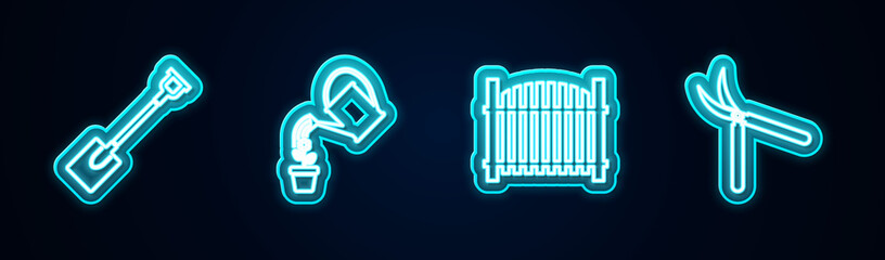 Set line Garden shovel, Watering can, fence and Gardening handmade scissor. Glowing neon icon. Vector