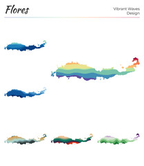 Set of vector maps of Flores. Vibrant waves design. Bright map of island in geometric smooth curves style. Multicolored Flores map for your design. Powerful vector illustration.