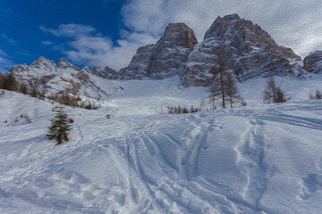 Illustration with oil painting technique of north face of Mount Pelmo in winter conditions with skier traces on the snow. Selva di Cadore, Dolomites, Italy