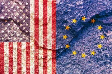 Grunge USA and EU vertical national flags icon pattern isolated together on weathered rock wall background, abstract international political relationship partnership concept texture wallpaper