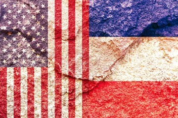 Grunge USA and France vertical national flags icon pattern isolated together on weathered rock wall background, abstract international political relationship partnership concept texture wallpaper