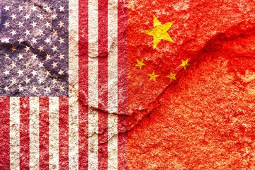 Grunge USA and China vertical national flags icon pattern isolated together on weathered rock wall background, abstract international political relationship partnership concept texture wallpaper