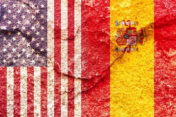 Grunge USA and Spain vertical national flags icon pattern isolated together on weathered rock wall background, abstract international political relationship partnership concept texture wallpaper