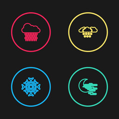 Set line Snowflake, Fog and moon, Cloud with snow and rain icon. Vector