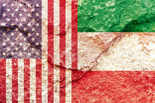 Grunge USA and Italy vertical national flags icon pattern isolated together on weathered rock wall background, abstract international political relationship partnership concept texture wallpaper