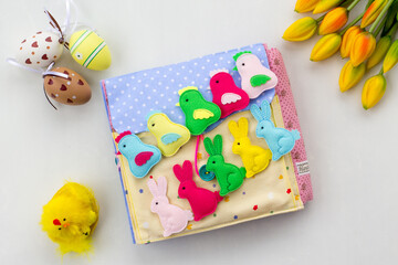 Handmade textile book for baby. Easter present for baby. Pages with felt eggs, birds and rabbits....
