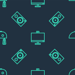 Set line Computer monitor, Stereo speaker and Electric mixer on seamless pattern. Vector