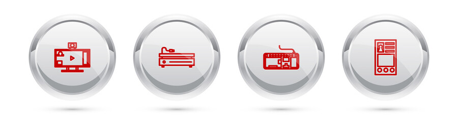 Set line Live streaming online, Video game console, Computer keyboard and Create account screen. Silver circle button. Vector