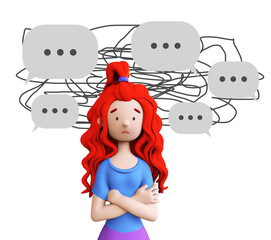 Girl with psychological problems due to social pressure, frustration, shame and resentment public opinion. Trendy 3d illustration. 