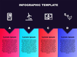 Set line Smart control farming system, Wind turbine, technology and Chicken and camera. Business infographic template. Vector