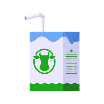 Milk Carton Box with Drinking Straw Isolated Icon on White Background. lat style template of milk small cardboard pack with tube in white, blue and green colors for logo, menu, web, stickers, prints