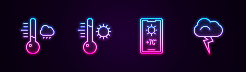 Set line Meteorology thermometer, , Weather forecast and Storm. Glowing neon icon. Vector