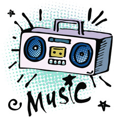 Hand drawn vector illustration of vintage cassette recorder boombox and the word "music"